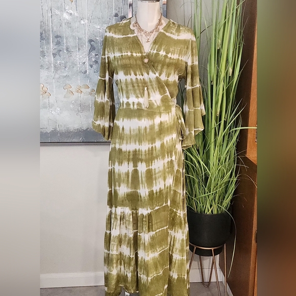 Olive Tie-Dye Wrap Dress - Picture 1 of 12